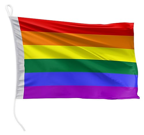 FLAGLY Premium Bootsfahne Regenbogenflagge 30 x 20 cm Querformat - 115g/m² Stoffgewicht - gedruckt, robust mit Strick & Schlaufe, Bootszubehör Motorboot (30 x 20 cm - Regenbogenflagge) von FLAGLY