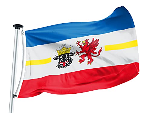 FLAGLY Premium Flagge Mecklenburg-Vorpommern 100x150cm -115g/m² Stoffgewicht - gedruckt, robustes und witterungsbeständiges Glanzpolyester mit Ösen (100 x 150 cm, Mecklenburg-Vorpommern) von FLAGLY