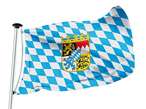 FLAGLY Premium Flagge Bayern-Raute mit Wappen 100x150cm -115g/m² Stoffgewicht - gedruckt, robustes und witterungsbeständiges Glanzpolyester mit Ösen (100 x 150 cm, Bayern-Raute mW) von FLAGLY