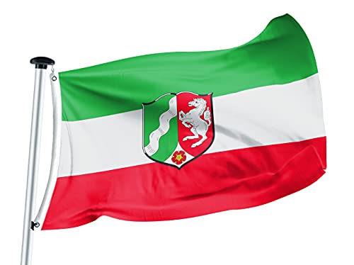 FLAGLY Premium Flagge Nordrhein-Westfalen 100x150cm -115g/m² Stoffgewicht - gedruckt, robustes und witterungsbeständiges Glanzpolyester mit Ösen (100 x 150 cm, Nordrhein-Westphalen) von FLAGLY