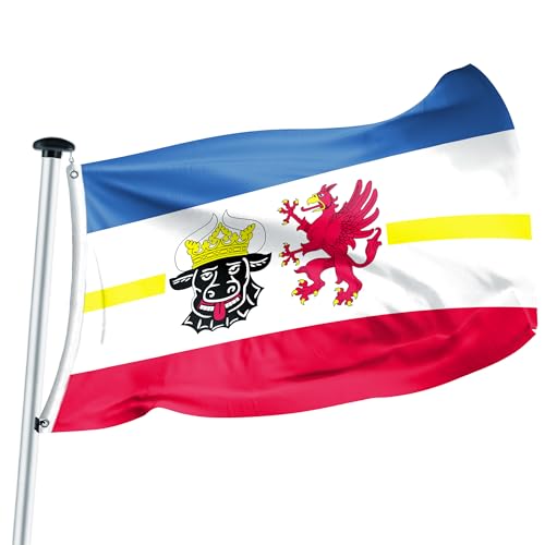 FLAGLY Premium Flagge Mecklenburg-Vorpommern – MADE IN GERMANY - mit oder ohne Wappen – hochwertige Flagge in verschiedenen Größen & Formaten (Hochformat & Querformat) – witterungsbeständig von FLAGLY