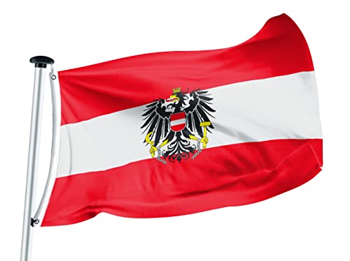 FLAGLY Premium Flagge Österreich mit Adler 100x150cm - 115g/m² Stoffgewicht - gedruckt, robustes und witterungsbeständiges Glanzpolyester mit Ösen (100 x 150 cm, Österreich mit Adler) von FLAGLY