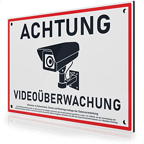 FLAGLY Premium Achtung Videoüberwachung Schild DSGVO 30x20cm aus 3mm Alu Dibond inkl. Bohrungen MADE IN GERMANY - stabiles Hinweisschild/Warnschild, wetterfest & UV-beständig von FLAGLY