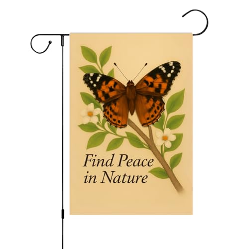 FLAGMEUP8386 Herbst-Gartenflagge 30,5 x 45,7 cm mit Schmetterling auf Ast und Blüten, doppelseitiges Polyester-Hofbanner mit Zitat "Find Peace in Nature", Herbst-Outdoor-Rasendekoration von FLAGMEUP8386
