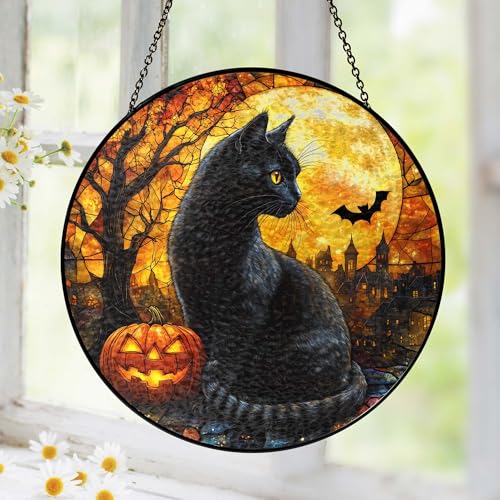 Halloween-Sonnenfänger mit schwarzer Katze, 20,3 cm, Buntglas-Fensteraufhängung mit Kürbis und Fledermaus, Gothic-Gruseldekoration für Zuhause, Hexenkatzenliebhaber, Geschenk für Herbst und Herbst von FLAGWIX
