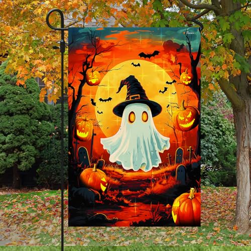 Niedliche Geister-Halloween-Gartenflagge - Hexenhut Geist Hofbanner mit Kürbissen und Fledermäusen, gruselige Herbst-Outdoor-Dekoration, doppelseitige Flagge von FLAGWIX