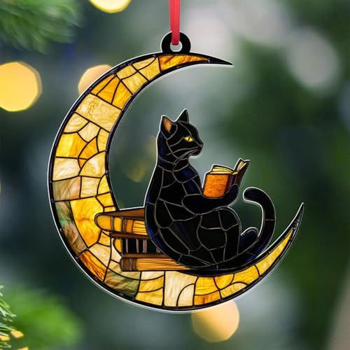 Schwarze Katze liest auf Halbmond Ornament - Buntglas-Stil Acryl hängende Dekoration - Niedliches Katzenliebhaber Geschenk, Buchdekoration für Weihnachtsbaum oder Fenster von FLAGWIX