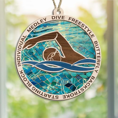 Schwimmer Ornament Sonnenfänger - Buntglasoptik Schwimmen Geschenk für Sportler, Schwimmtrainer, Sportliebhaber - Lasergeschnittenes Holz Acryl Weihnachtsdekoration, Pool Thema Andenken von FLAGWIX