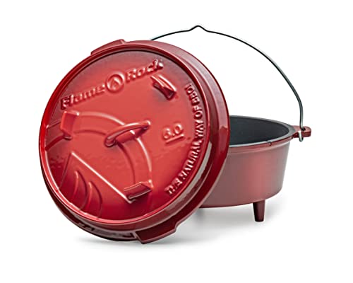 FLAME ROCK Dutch Oven 6.0, rot emailliert, gusseiserner Feuertopf mit 6 Liter Fassungsvermögen, bereits eingebrannte Innenfläche, extrem hitzebeständig, gleichmäßige Hitzeverteilung von FLAME ROCK