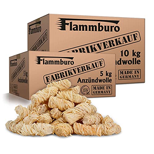 FLAMMBURO (15kg = ca. 1200 Stück) Anzündwolle für Kamin, Ofen und Grill – Ökologischer Holzanzünder, Kaminanzünder, Grillanzünder, Anzünder Holzwolle Varianten: (3kg) / (5kg) / (10kg) von FLAMMBURO