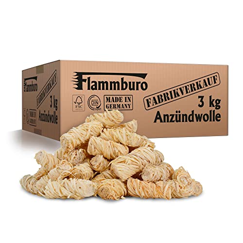 FLAMMBURO (3kg = ca. 240 Stück) Anzündwolle für Kamin, Ofen und Grill – Ökologischer Holzanzünder, Kaminanzünder, Grillanzünder, Anzünder Holzwolle Varianten: (5kg) / (10kg) / (15kg) von FLAMMBURO