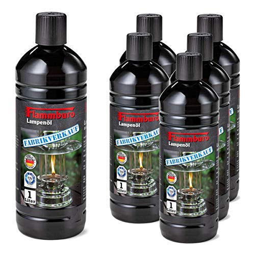 FLAMMBURO (6 Liter Lampenöl 1000 ml Flaschen für Öllampen vom Deutschen Hersteller, Petroleumlampen, Fackeln, Gartenfackeln, Ölkerzen, Lampenöl für Fackeln Made in Germany - 6 x 1 Liter = 6 Liter von FLAMMBURO