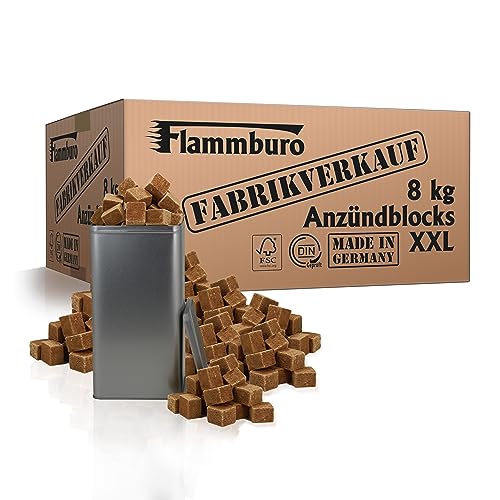 FLAMMBURO (8 kg Öko XXL Anzündwürfel vom Deutschen Hersteller + Vorratsdose, Grillanzünder, Kaminanzünder, Ofenanzünder, Anzündwürfel, Anzündwolle - DIN zertifizierte - Made in Germany - (8 kg) von FLAMMBURO