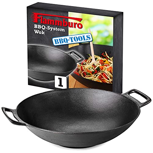 FLAMMBURO BBQ-SYSTEM Wok Ø 36 cm – Gusseisen mit porzellanemaillierter Beschichtung – Für Gemüse und Fleisch - Durchmesser 36 cm - Kompatibel mit namhaften Hersteller von FLAMMBURO