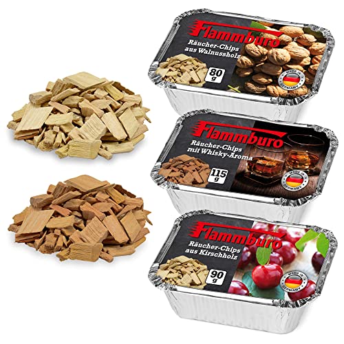 FLAMMBURO Räucher-Chips 3er-Probier-Set - Kirsche, Walnuss, Whisky - Smoking Wood Chips, Grill, Smoker, BBQ, Späne, Mehl, Schnitzel - Kirsche, Walnuss, Whisky Aroma (Probierpack 3er Set) von FLAMMBURO