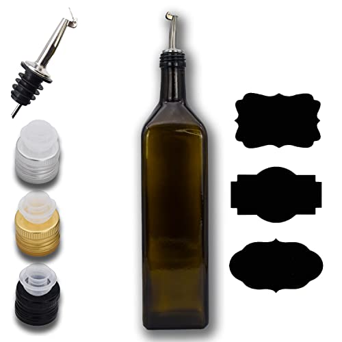 FLASCHE Ölflasche Essigflasche 1 Liter mit Edelstahl-Ausgießer, 3 Deckel und 3 Tafelfolien zum Beschriften von FLASCHE