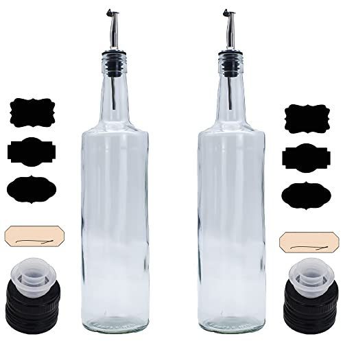 Ölflasche Essigflasche Rapsölflasche 2x 1 Liter mit Edelstahl-Ausgießer - schwarzem Deckel - 3x Tafelfolie in schwarz- 1x Kraftpapier von FLASCHE