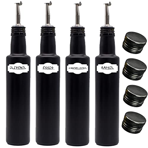 Ölflasche Essigflasche Spender Set - ideal für die Küche - 4x Edelstahl-Ausgießer 4x schwarzer Deckel von FLASCHE