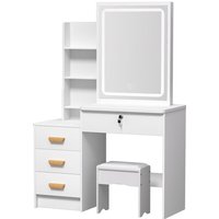 Schminktisch mit Spiegel, 4 Schubladen, 3 Ablagen, 1 Hocker, 90 x 37 x 135 cm, weiß. Schminktisch mit Spiegel, 4 Schubladen, 3 Ablagen, 1 Hocker, 90 x 37 x 135 cm, weiß. von FLASIDU