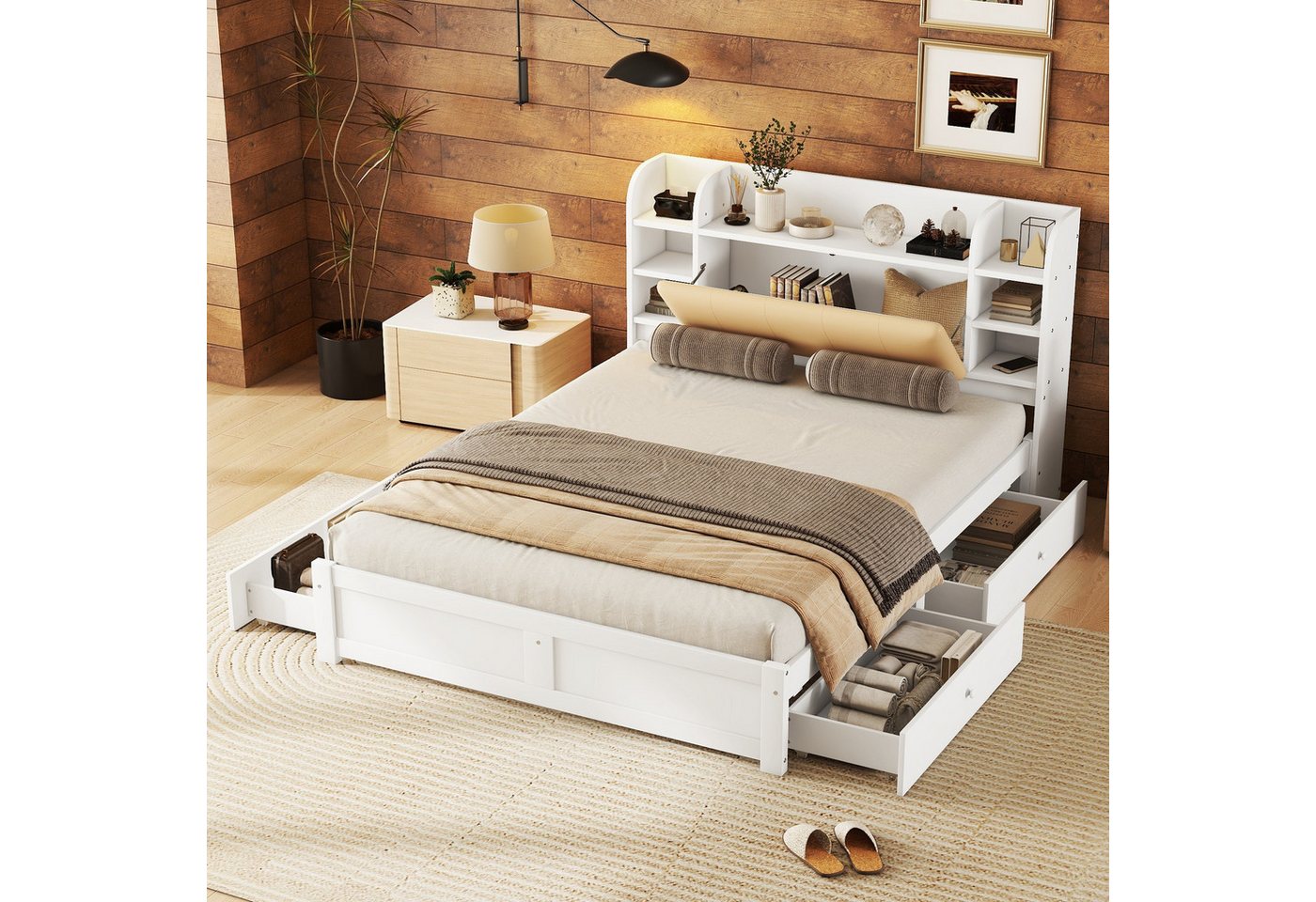 IDEASY Jugendbett Flachbett, teilweise aufklappbares Kopfteil, mehrere Staufächer (Packung, 1-tlg) von IDEASY