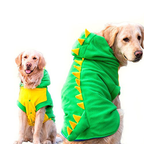 Lustiges Halloween Großer Hund Dinosaurier Kostüm Jacke Mantel Warm Fleece Winter Golden Retriever Pitbull Hund Kleidung Hoodie (3XL, Grün) von FLAdorepet