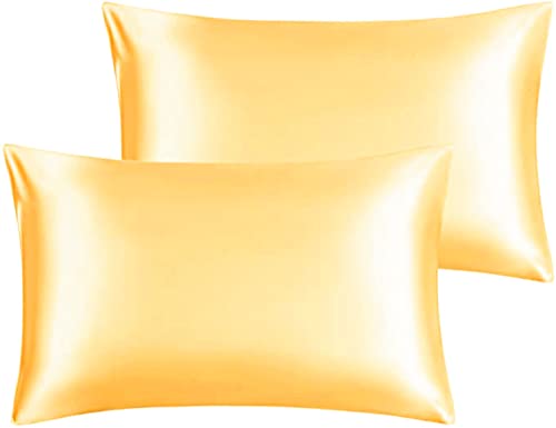 Luxuriöser seidiger Satin-Kissenbezug mit Reißverschluss (seidiger Satin-Kissenbezug für Haare), 2er-Set (gelb, Queensize-Bett (50,8 x 76,2 cm)) von FLCA