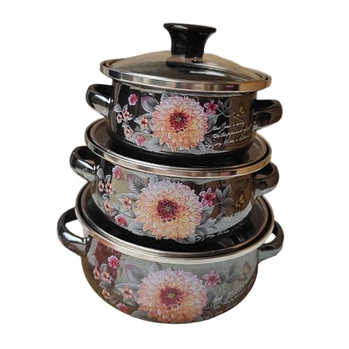 FLCPJGV 3 Stück Emaille Suppentöpfe Set Mini Kochen Töpfe Set Blume Spiegel Glasur Küche von FLCPJGV