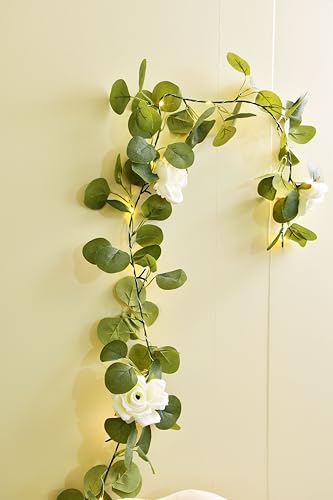 FLCSIed 20 LED Künstliche Eukalyptus Girlande mit Rose Blumen Rebe mit Lichterkette für Home Party Dekoration (Weiß) von FLCSIed