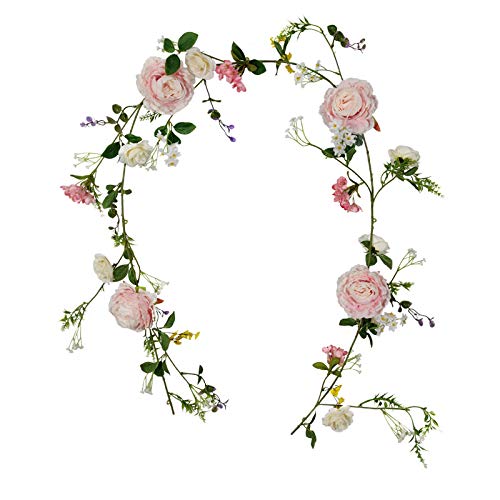 FLCSIed Künstliche Pfingstrose Blumengirlande - 1,8 m Seide Pfingstrose Girlande mit rosa und weißen Blumen für Hochzeit Party Tischdekoration von FLCSIed