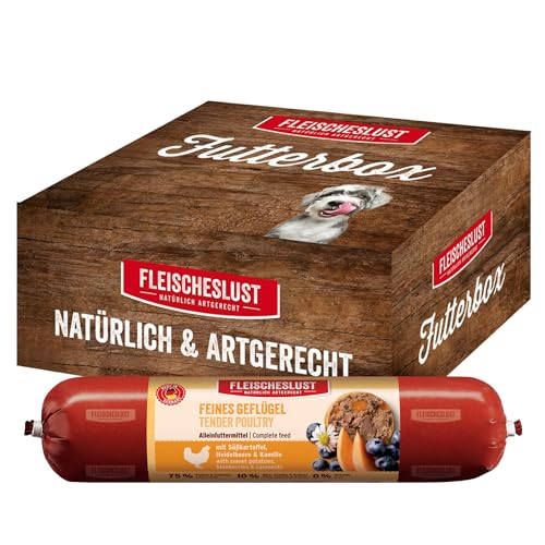 Fleischeslust Hundewurst, Feines Geflügel mit Süßkartoffel, Heidelbeere & Kamille als Futterbox (8x400g), Hundefutter, Nassfutter-Wurst schnittfest & getreidefrei von FLEISCHESLUST NATÜRLICH ARTGERECHT