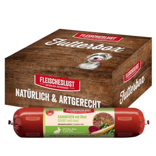 Fleischeslust Hundewurst, Kaninchen mit Rind mit Erbse, Birne & roter Bete als Futterbox (6x800g), Nassfutter-Wurst schnittfest & getreidefrei, Hundefutter für ausgewachsene Hunde von FLEISCHESLUST NATÜRLICH ARTGERECHT