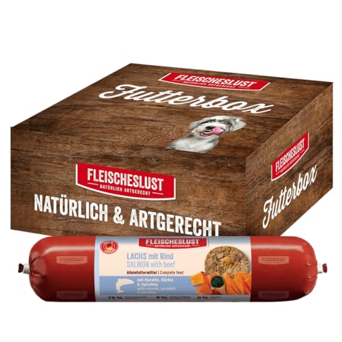 Fleischeslust Hundewurst, Lachs mit Rind, Karotte, Kürbis & Spirulina als Futterbox (6x800g), Hundefutter, Nassfutter-Wurst schnittfest & getreidefrei von FLEISCHESLUST NATÜRLICH ARTGERECHT
