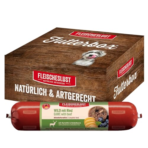 Fleischeslust Hundewurst, Wild mit Rind mit Kartoffel & Heidelbeere als Futterbox (8x400g), Nassfutter-Wurst schnittfest & getreidefrei, Hundefutter für ausgewachsene Hunde von FLEISCHESLUST NATÜRLICH ARTGERECHT
