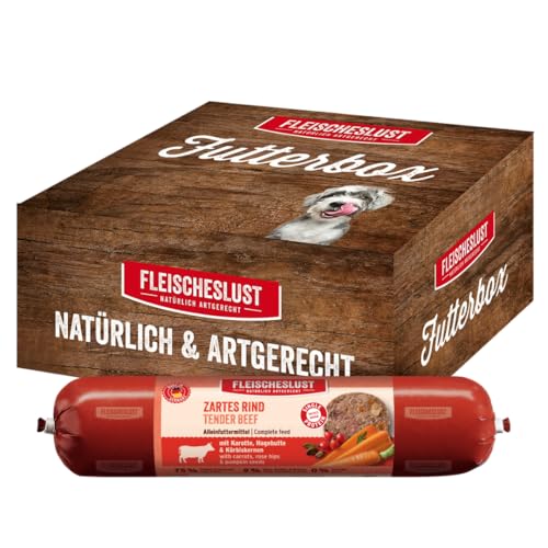 Fleischeslust Hundewurst, Zartes Rind mit Karotte, Hagebutte & Kürbiskernen als Futterbox (6x800g), Nassfutter-Wurst schnittfest & getreidefrei, Hundefutter für ausgewachsene Hunde von FLEISCHESLUST NATÜRLICH ARTGERECHT