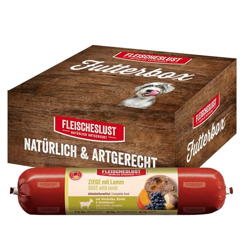Fleischeslust Hundewurst, Ziege mit Lamm mit Steckrübe, Kürbis & Heidelbeere als Futterbox (8x400g), Nassfutter-Wurst schnittfest & getreidefrei, Hundefutter für ausgewachsene Hunde von FLEISCHESLUST NATÜRLICH ARTGERECHT