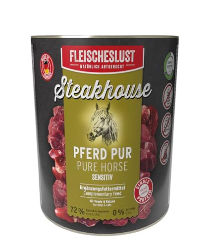 Steakhouse Pferd pur (6x800g), Nassfutter für Hunde & Katzen, sensitives Ergänzungsfutter, Monoprotein, getreidefrei, 6X Reinfleisch-Dosen von Fleischeslust von FLEISCHESLUST NATÜRLICH ARTGERECHT