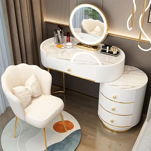 FLEPYHB Schminktisch Mit LED-Beleuchtung Spiegel, Weiß Schreibtischplatte Mit Schmink Stuhl und Verstellbarem Seitenschrank, Set für Schlafzimmer von FLEPYHB