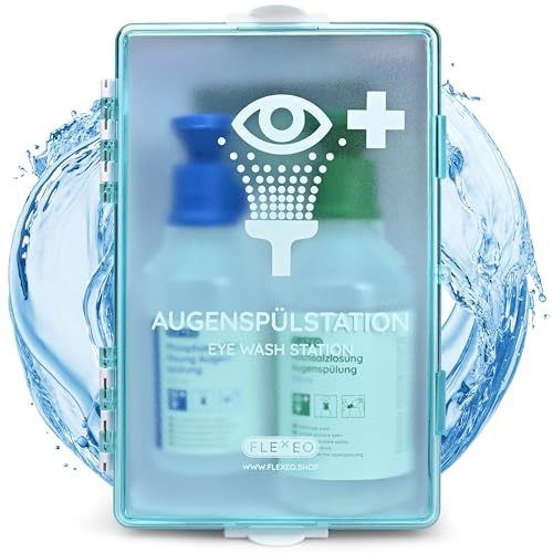 FLEXEO Augenspülstation inkl. (1x 500 ml NaCl-Kochsalzlösung + 1x 250 ml Phosphatpufferlösung) mit Wandhalterung – Augenspülung – Augendusche – sterile NaCl-Augenspüllösung – pH-neutral von FLEXEO