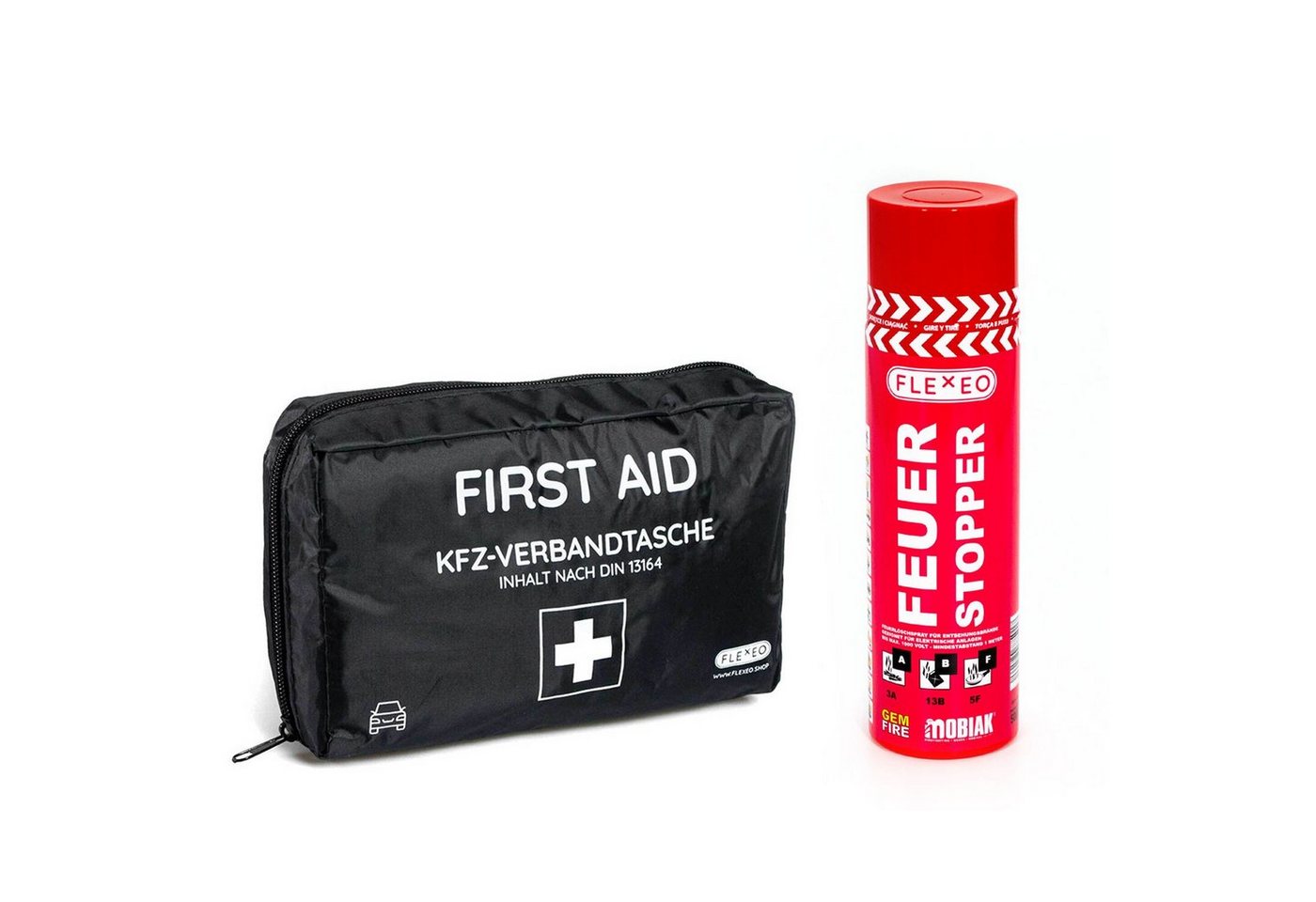 FLEXEO Feuerlöschspray KFZ Verbandtasche, Schaum, (2-St) Erste Hilfe Set und Brandschutz fürs Auto Zuhause Unterwegs von FLEXEO