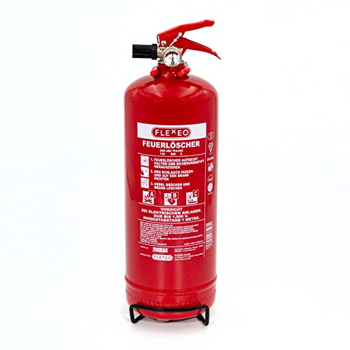 Feuerlöscher ABC Pulver 2kg - klein für Zuhause Auto Wohnwagen LKW - Pulverlöscher inkl. Halterung - Autofeuerlöscher mit Manometer - Fire Extinguisher von FLEXEO