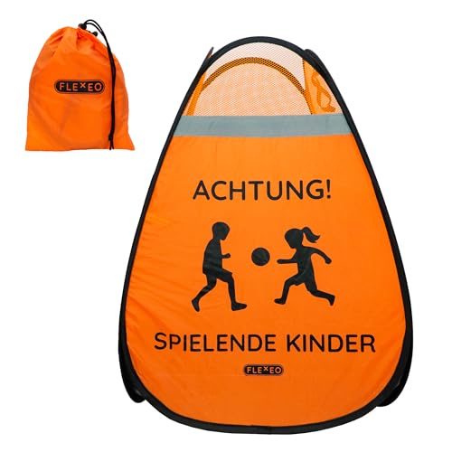 Warnwürfel Achtung spielende Kinder - Aufsteller Pop Up mit Reflektorstreifen für hohe Sichtbarkeit und verstärktem Boden - Straßenwarnaufsteller Vorsichtsschild Warnung (Orange, 2 Stück) von FLEXEO