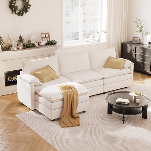 FLEXISPOT 4-Sitzer Sofa Sofabed L-förmiges Ecksofa mit Hocker & Stauraum, Modulares Sofa platzsparend für Wohnzimmer Weiß von FLEXISPOT