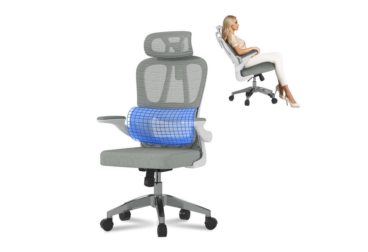 FLEXISPOT Bürostuhl Ergonomischer Schreibtischstuhl (mit 2D-Kopfstütze, Klappbare Armlehnen & Dynamische Lendenstütze), Stuhl mit 120° Wippfunktion für Homeoffice, Arbeitszimmer, Büro von FLEXISPOT