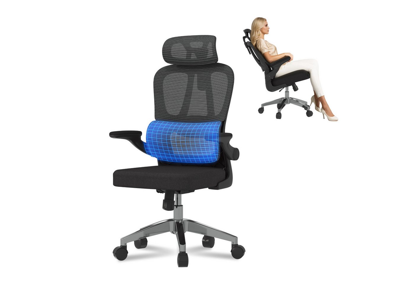 FLEXISPOT Bürostuhl Ergonomischer Schreibtischstuhl (mit 2D-Kopfstütze, Klappbare Armlehnen & Dynamische Lendenstütze), Stuhl mit 120° Wippfunktion für Homeoffice, Arbeitszimmer, Büro von FLEXISPOT