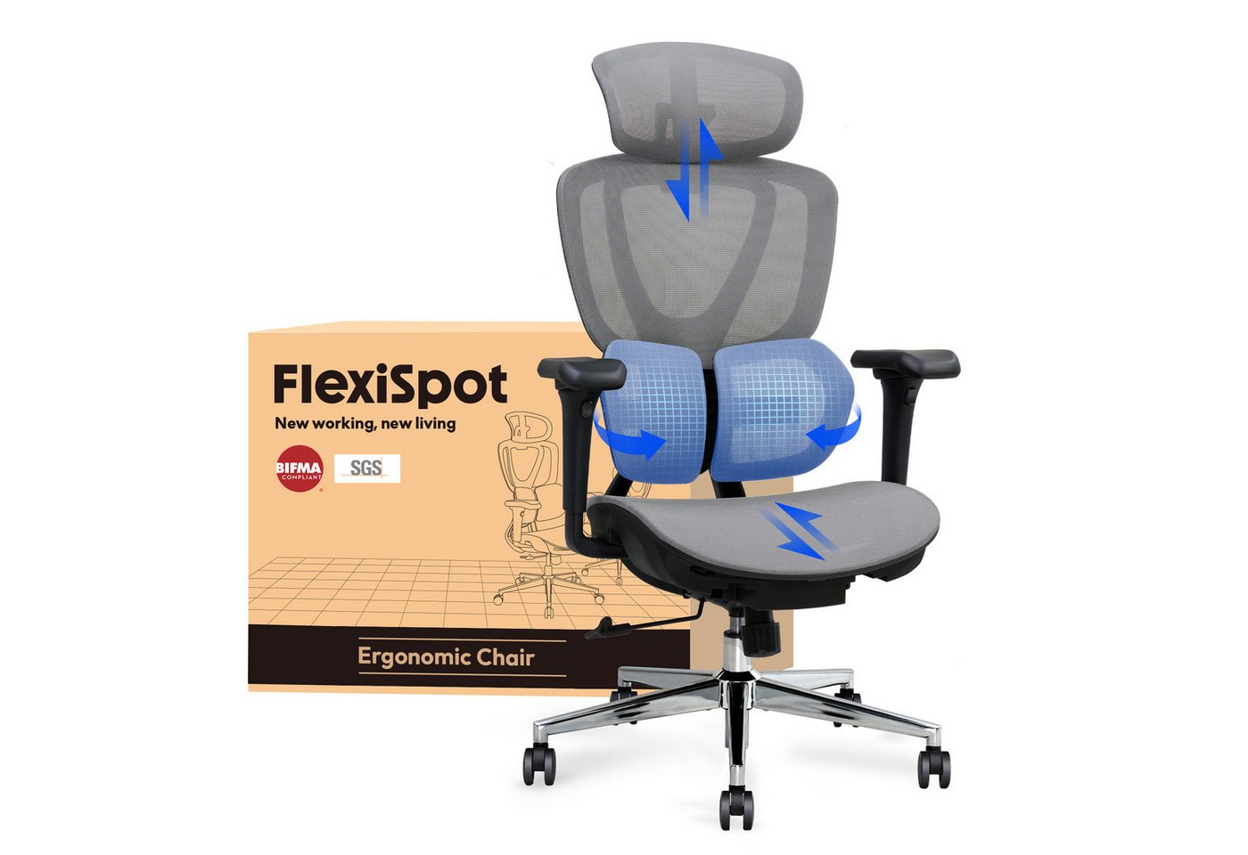 FLEXISPOT Drehstuhl Ergonomischer Bürostuhl, Arbeitsstuhl mit Dual-Wing Lendenstütze (3D-Kopfstütze & 3D-Armlehnen & Verstellbarer Sitztiefe), 3-Stufen Neigung & höhenverstellbare Rückenlehne von FLEXISPOT