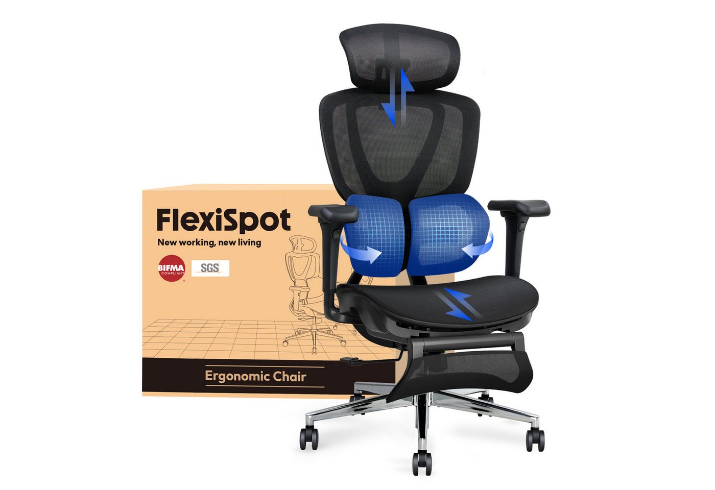 FLEXISPOT Drehstuhl Ergonomischer Bürostuhl, Arbeitsstuhl mit Dual-Wing Lendenstütze (3D-Kopfstütze & 3D-Armlehnen & Verstellbarer Sitztiefe), 3-Stufen Neigung & höhenverstellbare Rückenlehne, MIT Fußstütze von FLEXISPOT