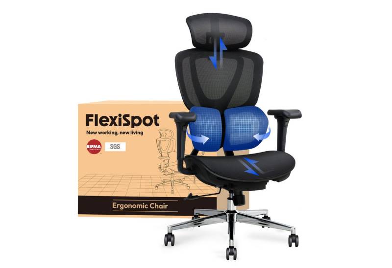 FLEXISPOT Drehstuhl Ergonomischer Bürostuhl, Arbeitsstuhl mit Dual-Wing Lendenstütze (3D-Kopfstütze & 3D-Armlehnen & Verstellbarer Sitztiefe), 3-Stufen Neigung & höhenverstellbare Rückenlehne von FLEXISPOT