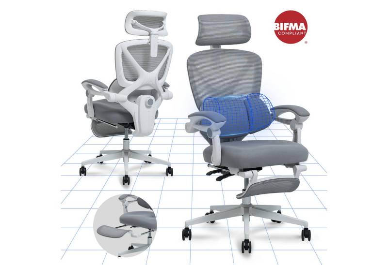 FLEXISPOT Drehstuhl Ergonomischer Bürostuhl mit X-Design (135° neigbare Rückenlehne & 3D-Kopfstütze & zonenverstellbare Lendenunterstützung), Synchron-Armlehnen, Ausziehbare Fußstütze, Drehstuhl für Homeoffice von FLEXISPOT