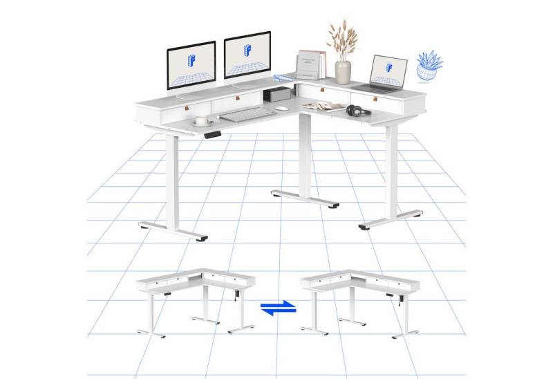 FLEXISPOT Eckschreibtisch Q1/Q3L L-Computertisch (4 Höhen-Speicherplätze & Anti-Kollisionssystem & Geräuschlos), Mit praktischen Schubladen, 160x120 cm von FLEXISPOT
