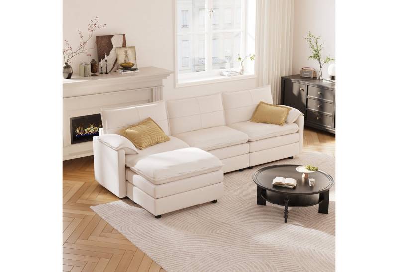 FLEXISPOT Ecksofa 4-Sitzer Sofa Sofabed mit Hocker & Stauraum, inkl. weiße Kuscheldecke, L-förmiges Ecksofa mit Dicke Sofadecke (1,5 x 1,5 m), Modulares Sofa platzsparend für Wohnzimmer Weiß von FLEXISPOT